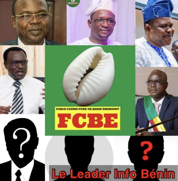 Montage avec cinq portraits d’hommes, trois silhouettes noires avec point d’interrogation, et un logo FCBE avec une coquille au centre