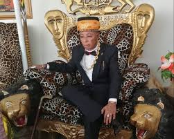 Homme en costume sombre et chapeau coloré assis sur un fauteuil léopard orné de sculptures dorées tête de lion et visage humain