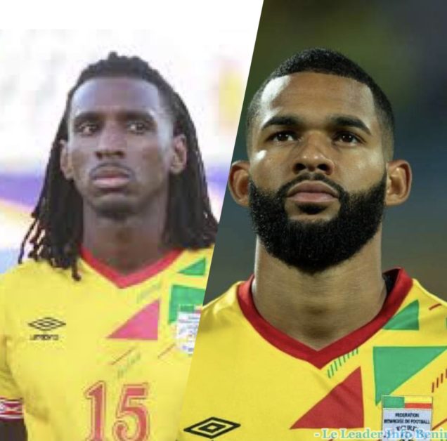 Deux joueurs de football portant un maillot jaune avec motifs verts et rouges, l'un avec le numéro 15 et dreadlocks, l'autre avec barbe noire bien taillée