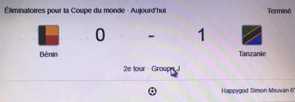 Tableau de score affichant 0 pour Bénin et 1 pour Tanzanie lors des éliminatoires du Mondial