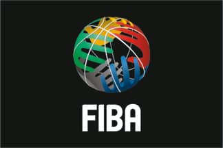 Logo coloré de la FIBA sur fond noir avec le texte FIBA en blanc en-dessous