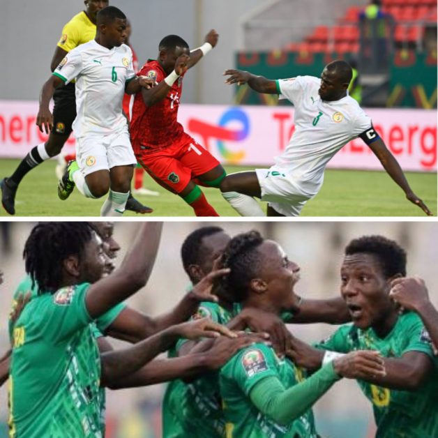 Deux scènes de football, la première montre un duel intense entre trois joueurs en maillots blancs et rouges, la seconde un groupe de joueurs en maillots verts