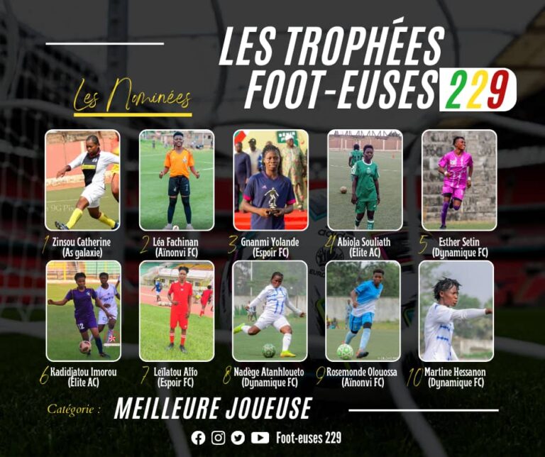 Dix joueuses de football en action avec leurs maillots sur un fond de stade et texte de présentation des nominées aux trophées Foot-euses 229