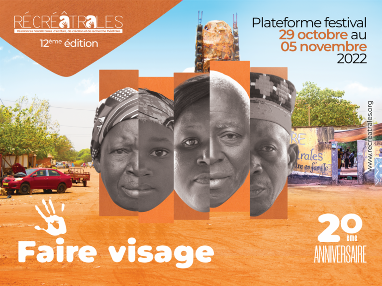Montage avec visages divers en noir et blanc sur fond orangé et paysage urbain festif en arrière-plan