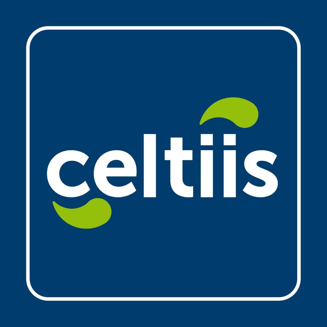 Logo blanc sur fond bleu avec deux formes vertes autour du texte celt i i s écrit en minuscules
