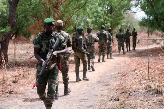 Des soldats en tenue camouflée et bérets verts patrouillent sur un chemin en milieu sec et boisé