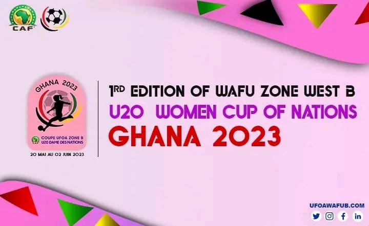 Bannière rose avec textes en anglais annonçant la 1ère édition de la Coupe UFOA Zone Ouest B U20 Dames Ghana 2023