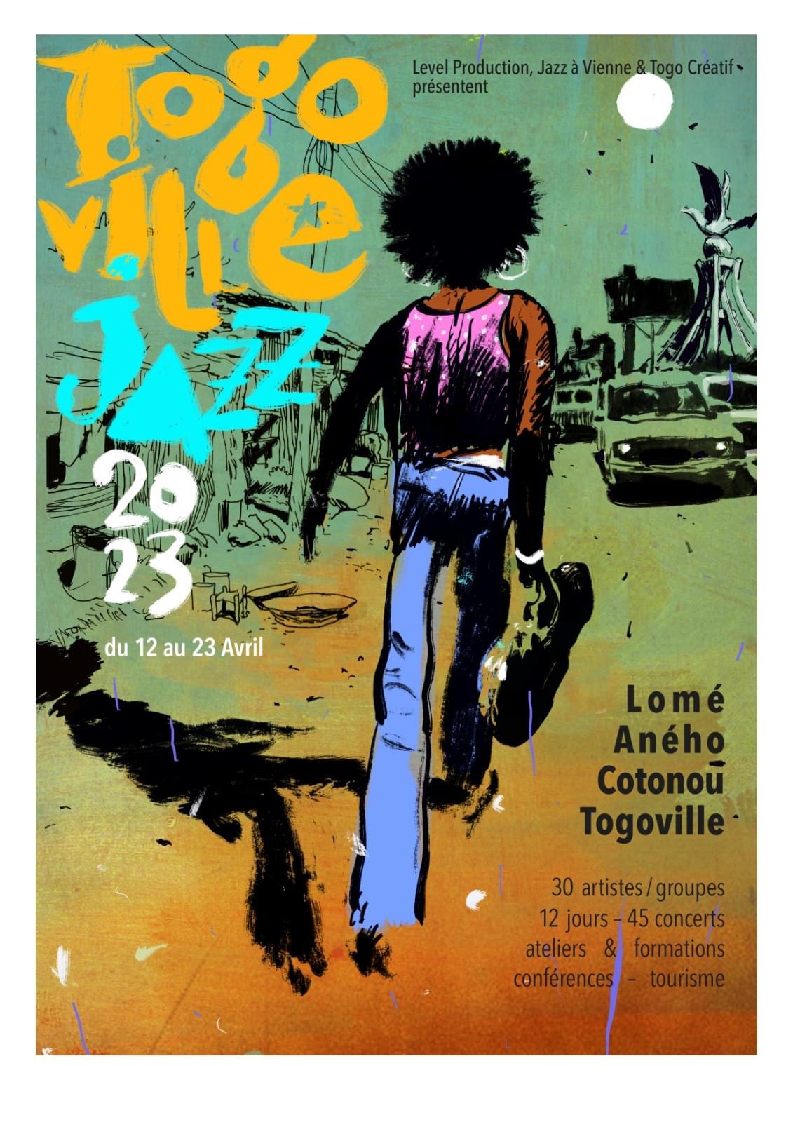 Affiche colorée avec un personnage de dos tenant une guitare dans une ville au coucher du soleil et des textes sur un festival de jazz en Afrique