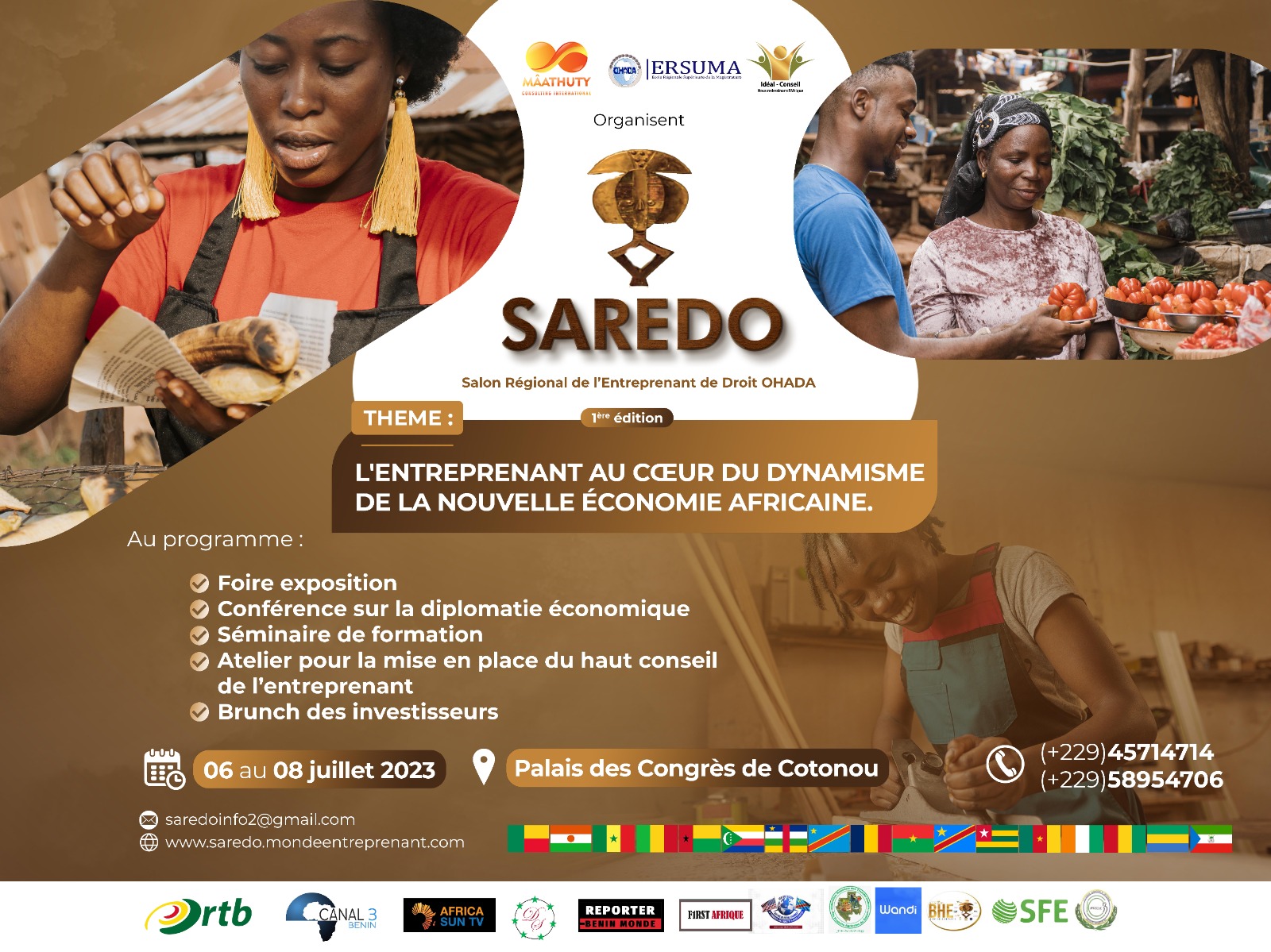 Trois photos intégrées montrent des personnes en activité professionnelle et commerciale dans un montage avec texte et logos d’un événement économique africain