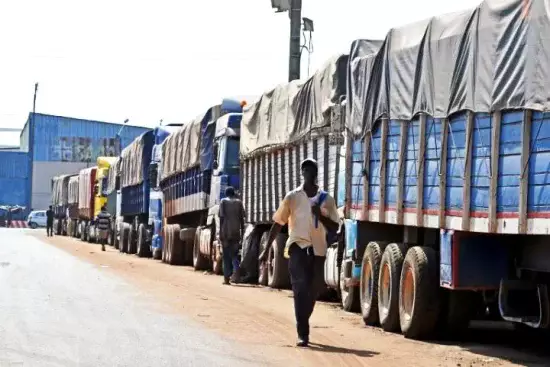Une longue file de camions stationnés le long d'une route avec plusieurs hommes marchant entre eux sous un ciel clair