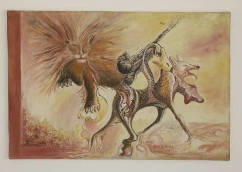 Peinture surréaliste avec des créatures hybrides et un visage félin dominant les formes abstraites sur un fond clair