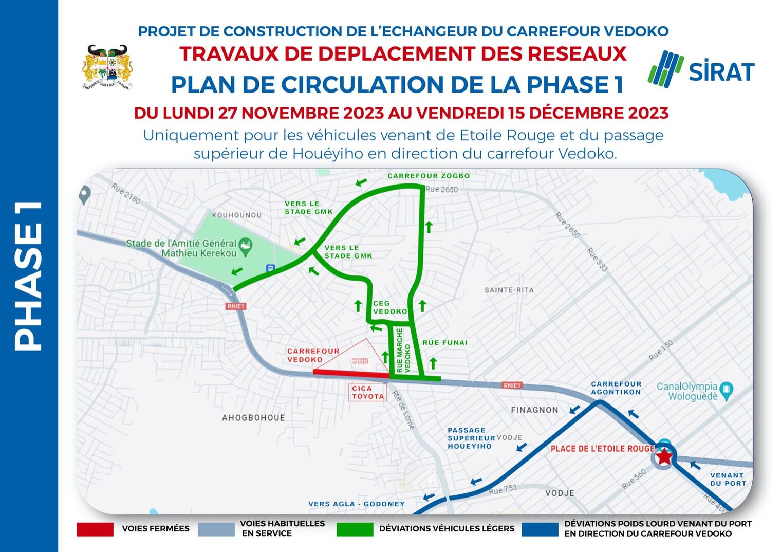 Carte du plan de circulation de la phase 1 des travaux de déplacement des réseaux à un carrefour avec voies fermées, déviations vertes et bleues