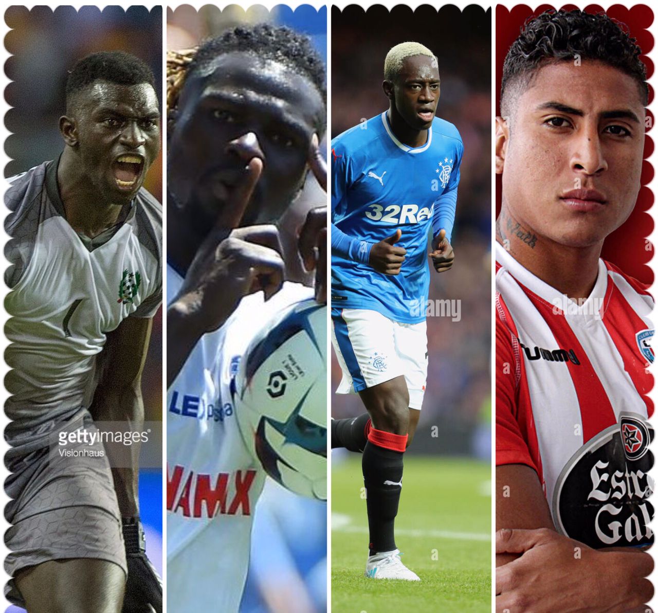 Quatre joueurs de football en action ou posant, chacun dans un cadre vertical distinct aux couleurs de leurs équipes respectives