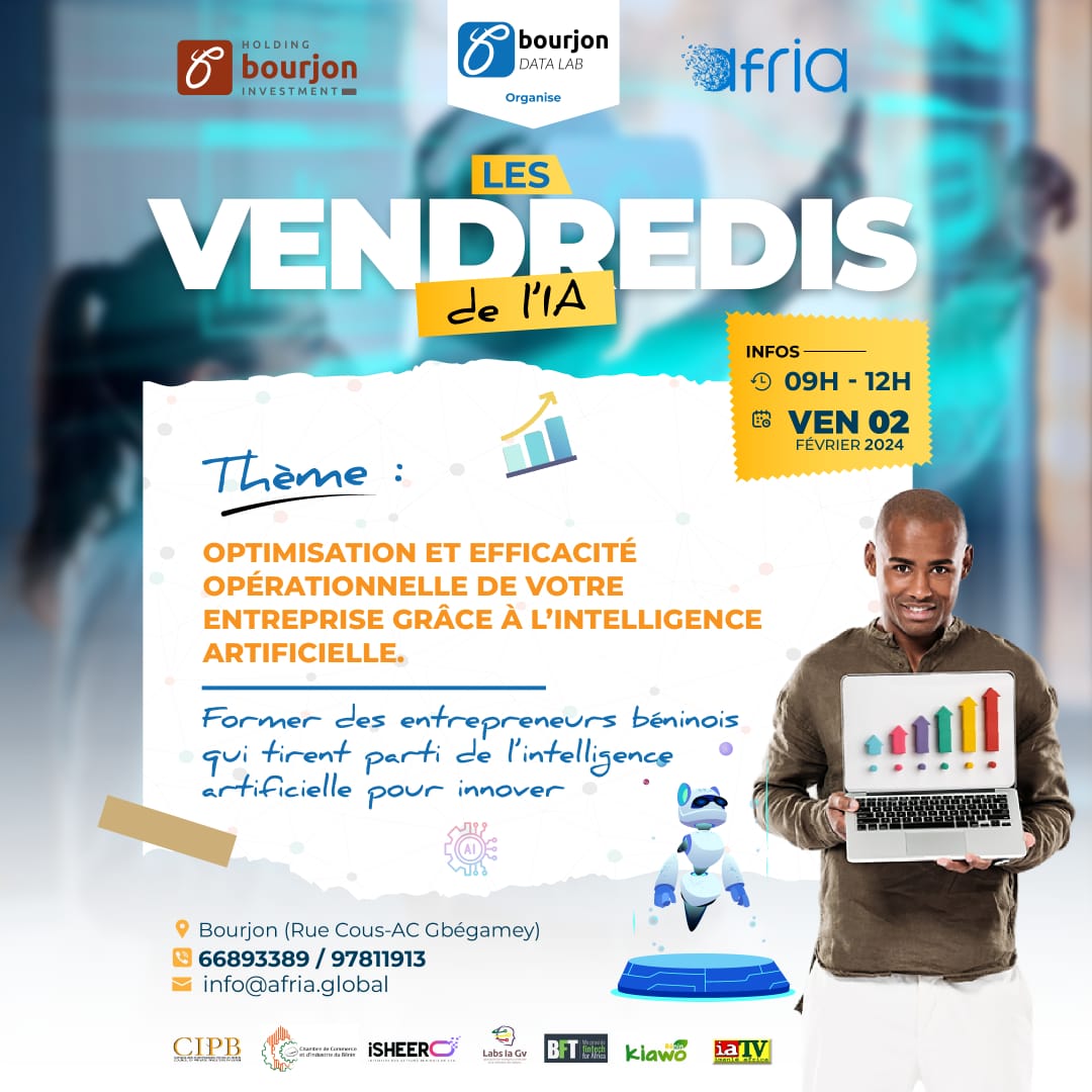 Homme souriant tenant un ordinateur portable affichant un graphique de croissance coloré sur fond d’affiche d’événement sur l’intelligence artificielle