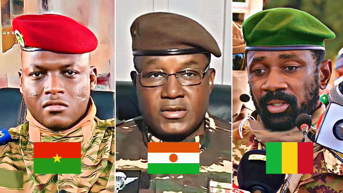 Trois militaires portant des uniformes et coiffures différentes avec les drapeaux du Burkina-Faso, Niger et Mali superposés sur leurs photos