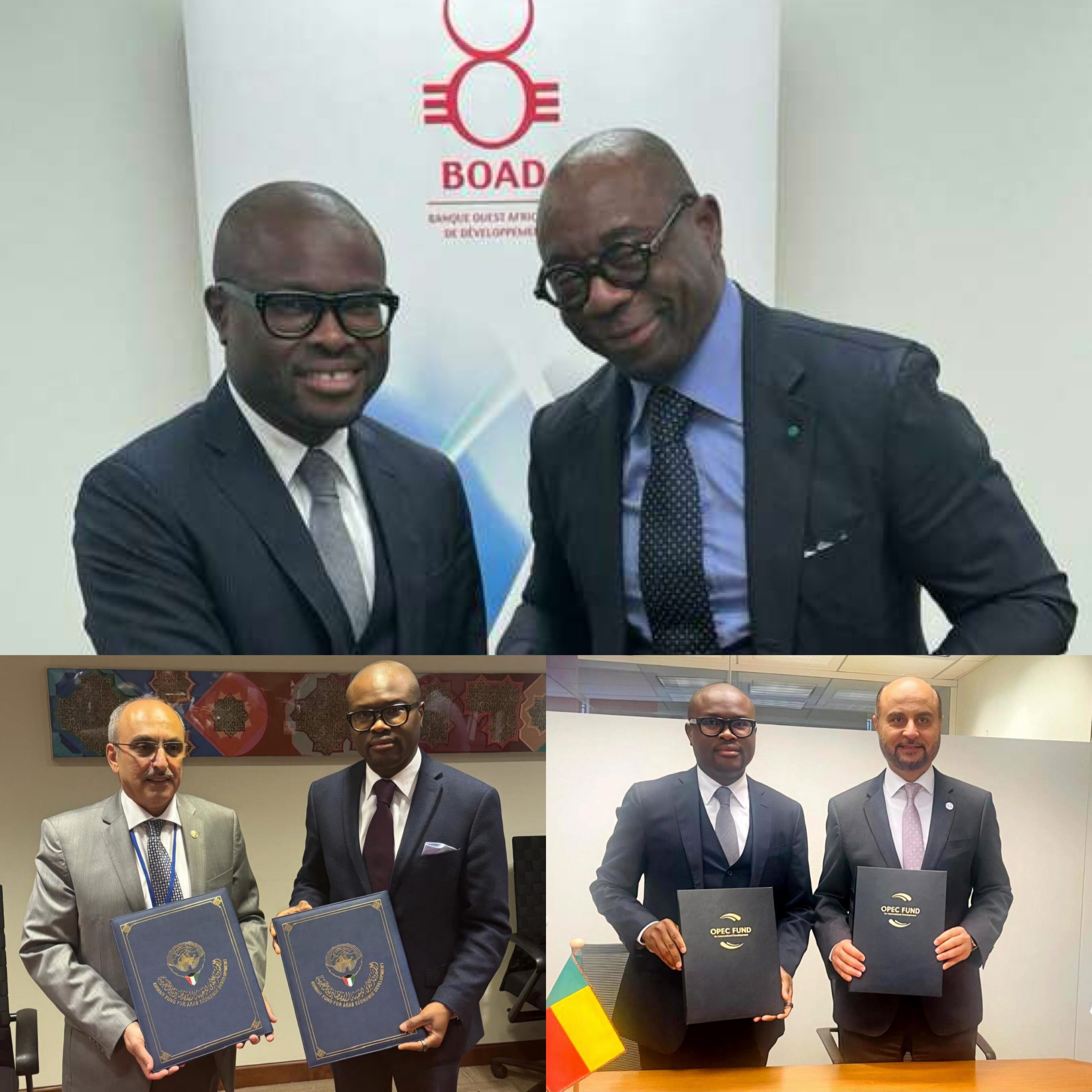 Quatre images montrent des hommes en costume posant ensemble et tenant des documents officiels de financement devant un logo et dans plusieurs bureaux différent