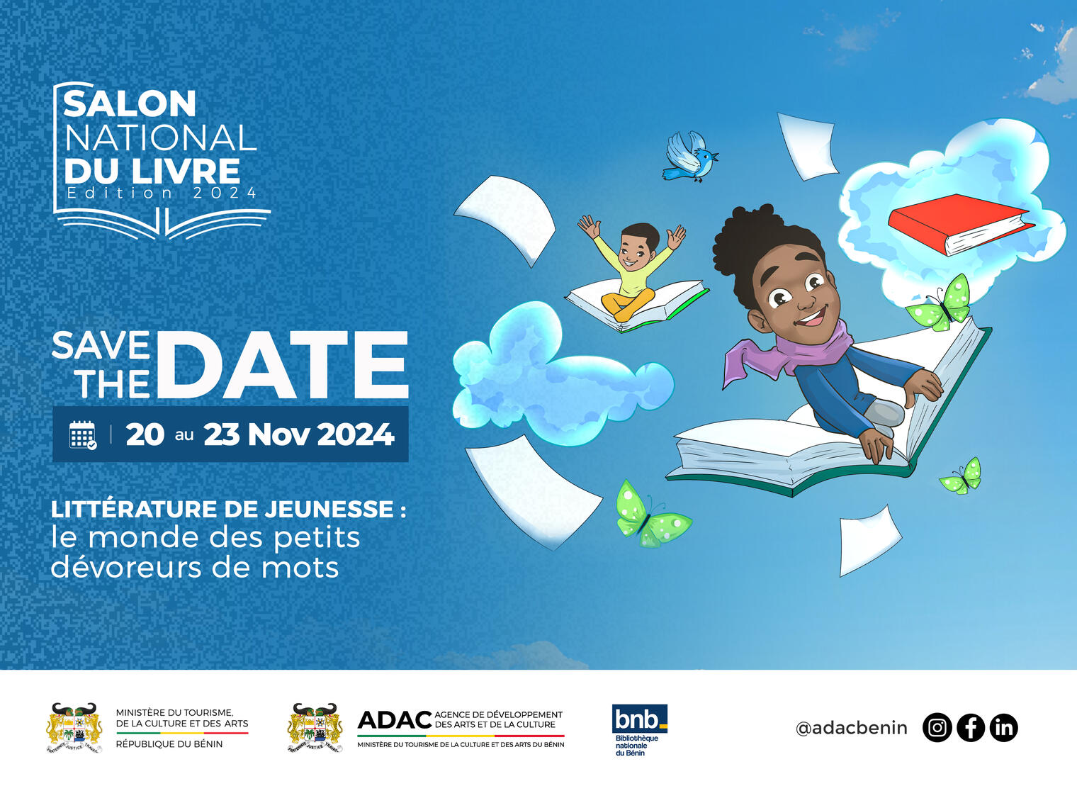 Enfants joyeux volant sur des livres entourés de papillons et de feuilles dans un ciel bleu avec texte promotionnel du salon du livre 2024