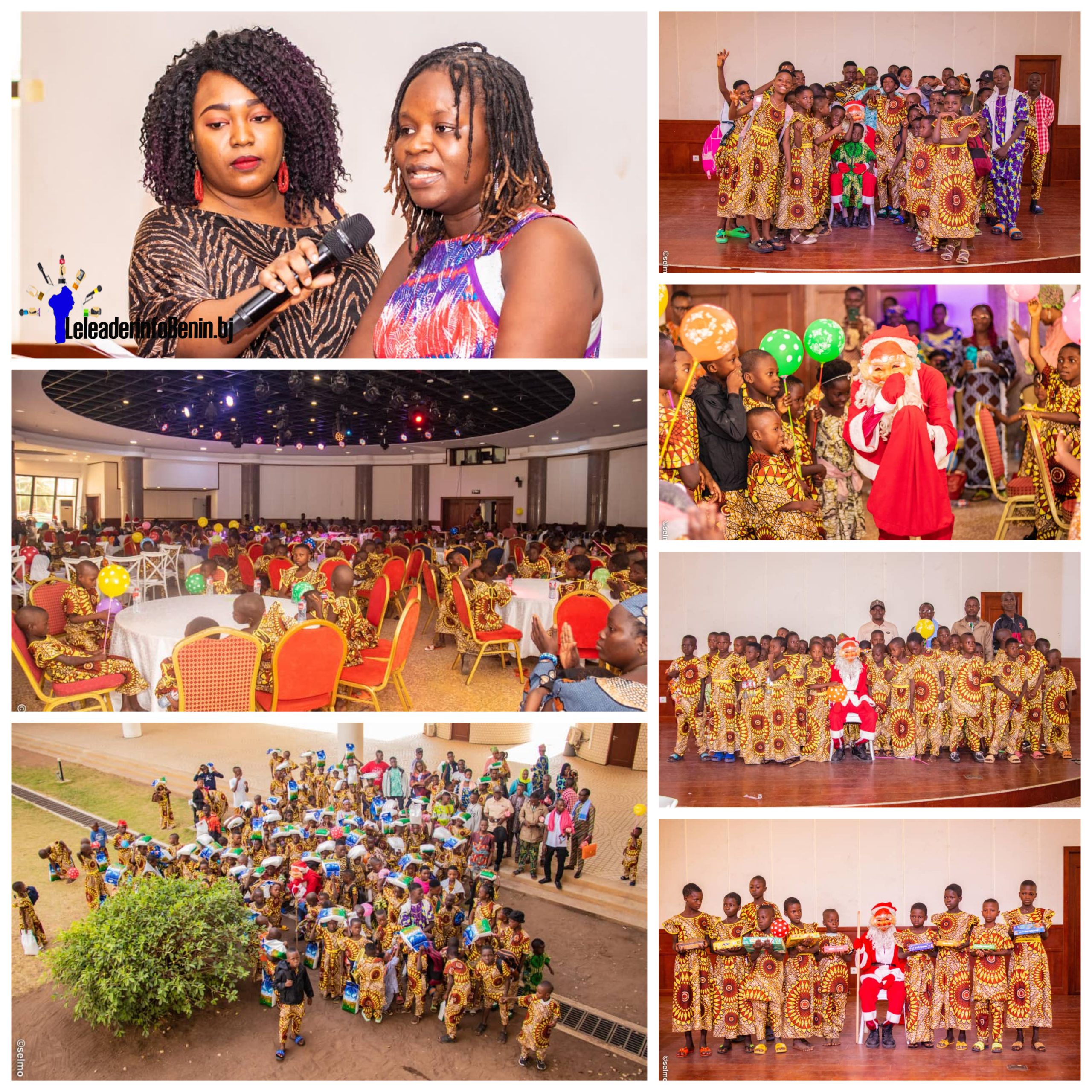Multiples scènes festives avec enfants vêtus de tenues traditionnelles et personnage déguisé en Père Noël lors d’une célébration