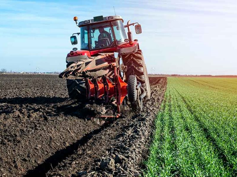 Tracteur rouge labourant un champ de terre sombre à côté d'un champ de culture verte sous un ciel clair