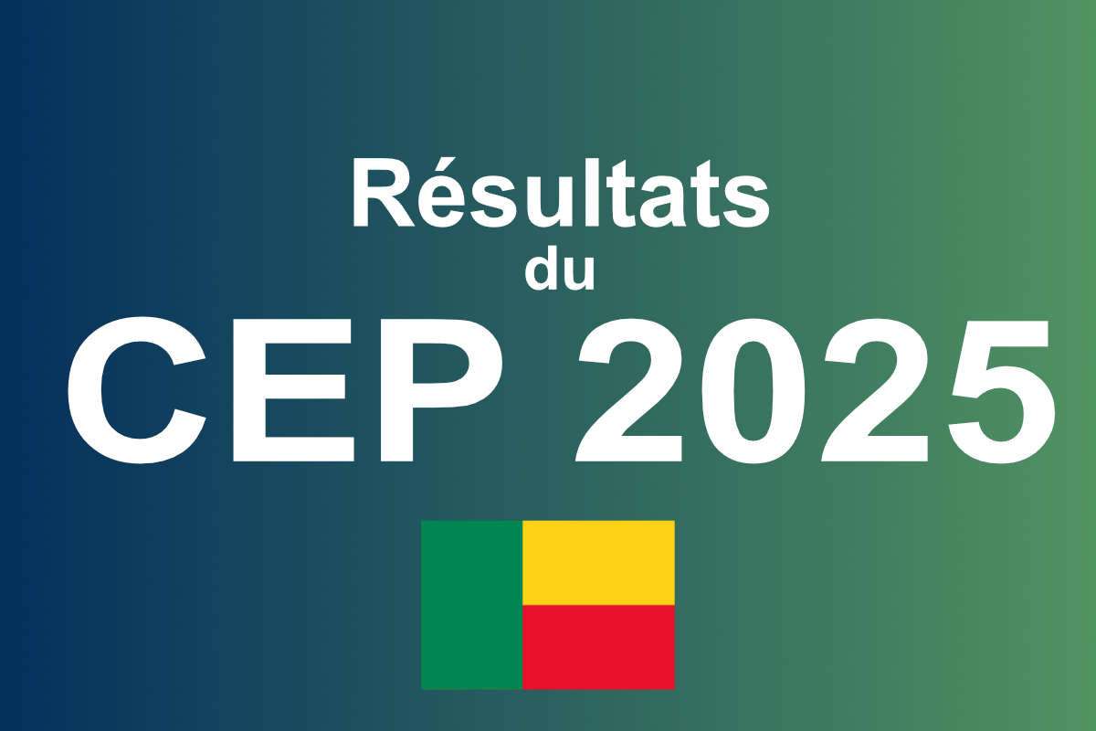 Texte blanc sur fond dégradé bleu-vert avec un petit drapeau jaune, rouge et vert et l’inscription Résultats du CEP 2025