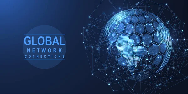 Globe stylisé en bleu connecté par des lignes et points lumineux avec le texte Global Network Connections en lettres bleues sur fond sombre