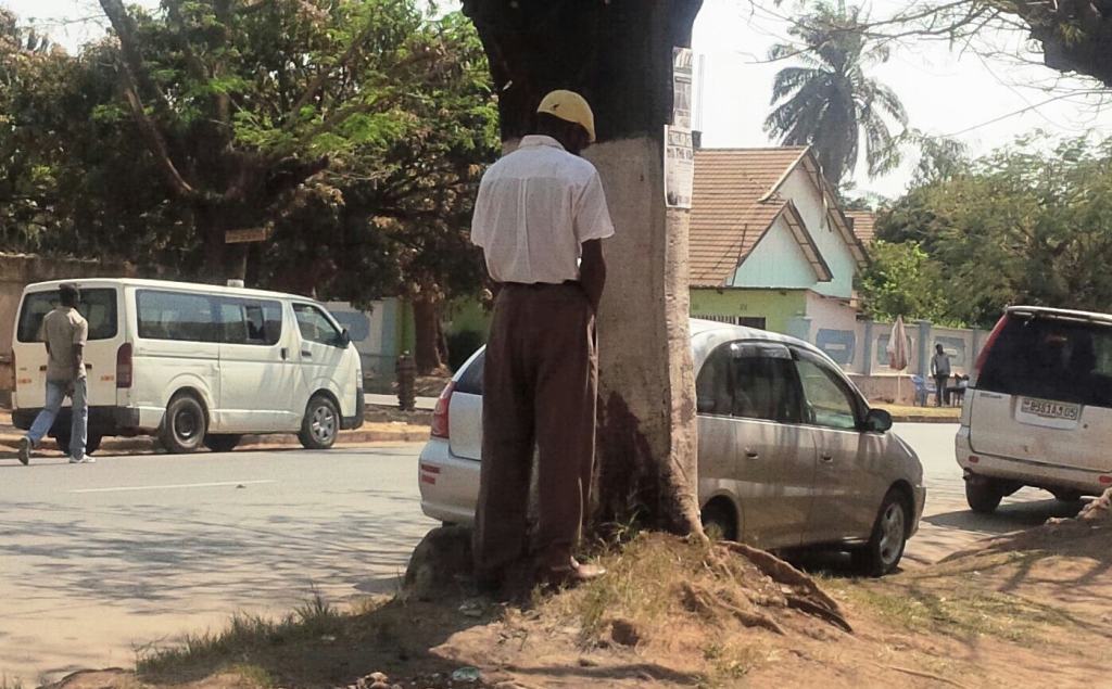 Un homme debout dos à la caméra, urinent contre un arbre à côté d’une route fréquentée avec des voitures stationnées alentour
