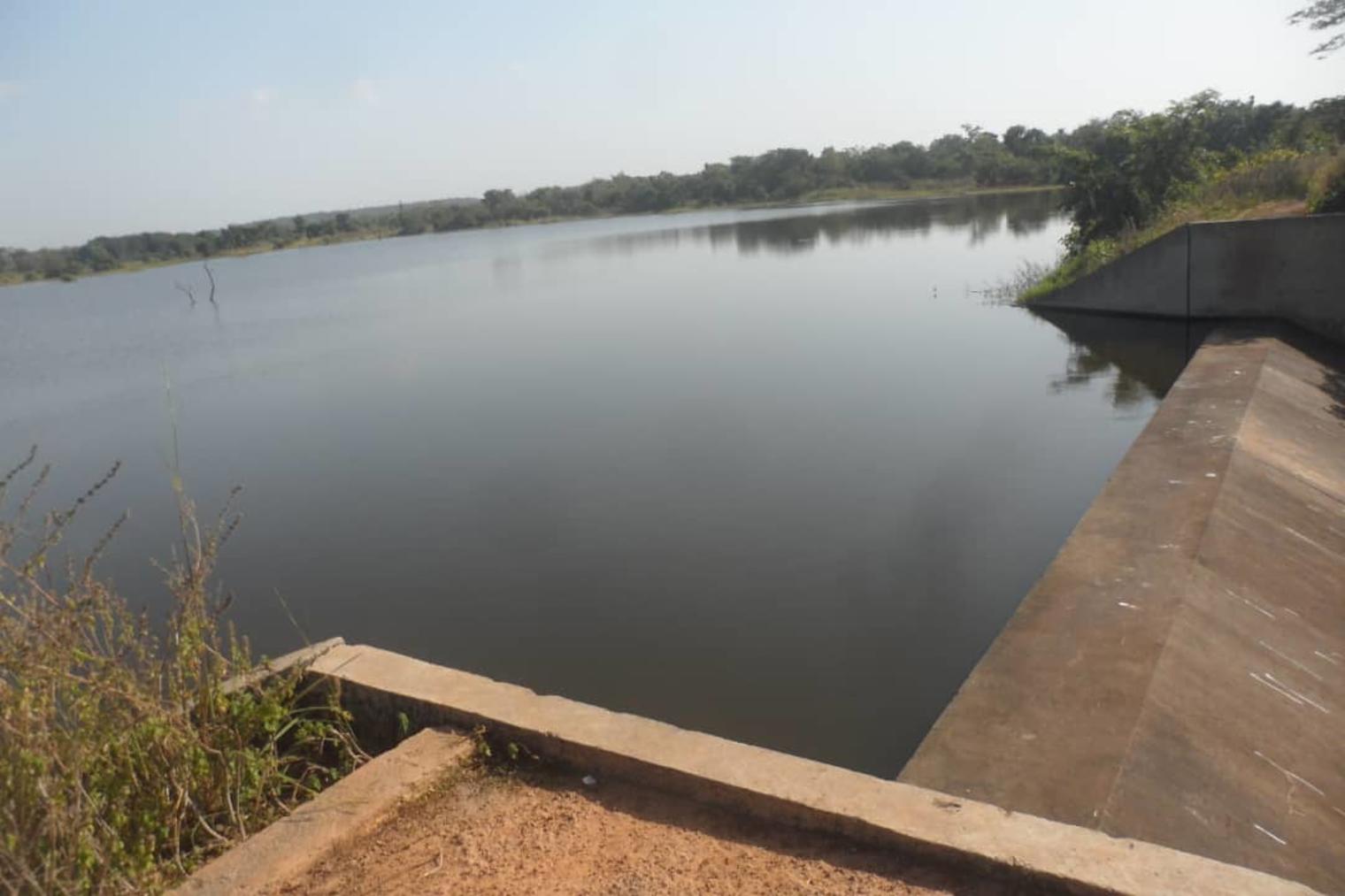 Plan d'eau calme avec digue en béton et végétation au bord sous ciel clair