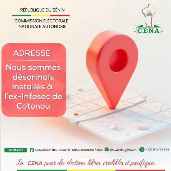 Logo et coordonnées de la Commission Électorale Nationale Autonome avec adresse d’installation indiquée sur un fond clair