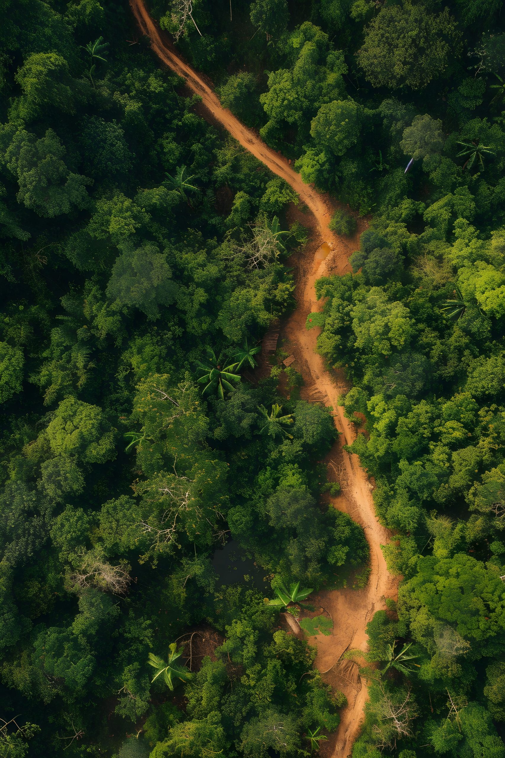Sentier en terre rouge traversant une dense forêt tropicale vue du dessus