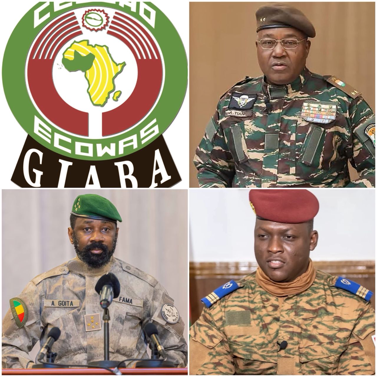 Quatre portraits, dont un logo CEDEAO GIABA, et trois militaires en tenues officielles devant des micros ou sur fond neutre
