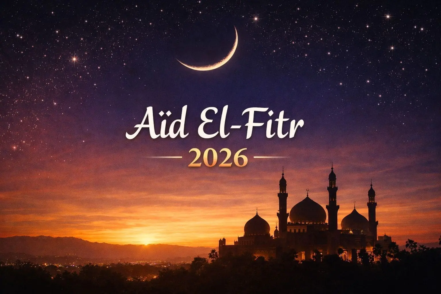 Ciel étoilé avec croissant de lune au-dessus d une silhouette de mosquée au coucher du soleil avec texte Aïd El-Fitr 2026