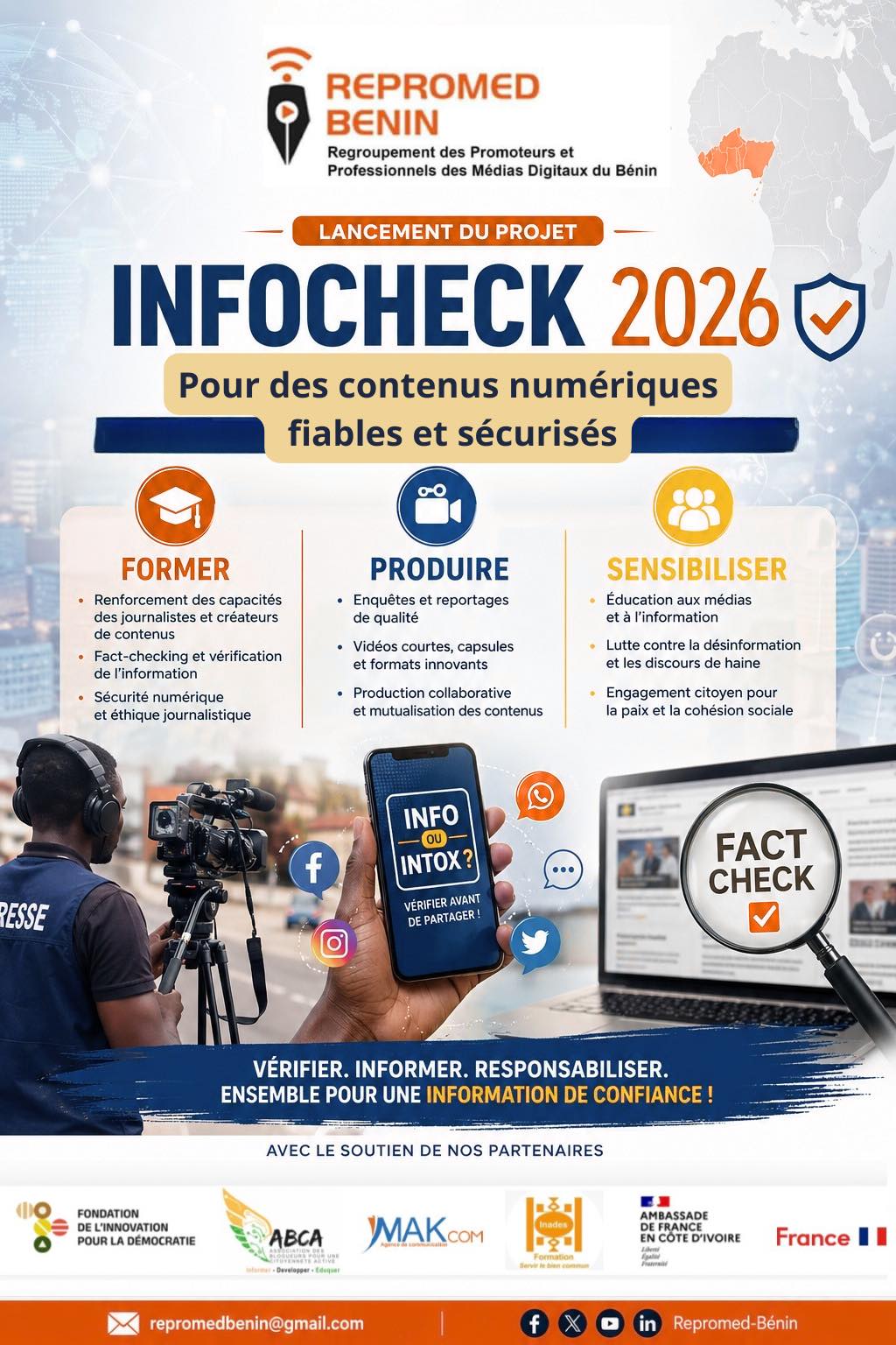 Visuel de lancement d’un projet pour des contenus numériques fiables avec mentions former, produire, sensibiliser et logos partenaires