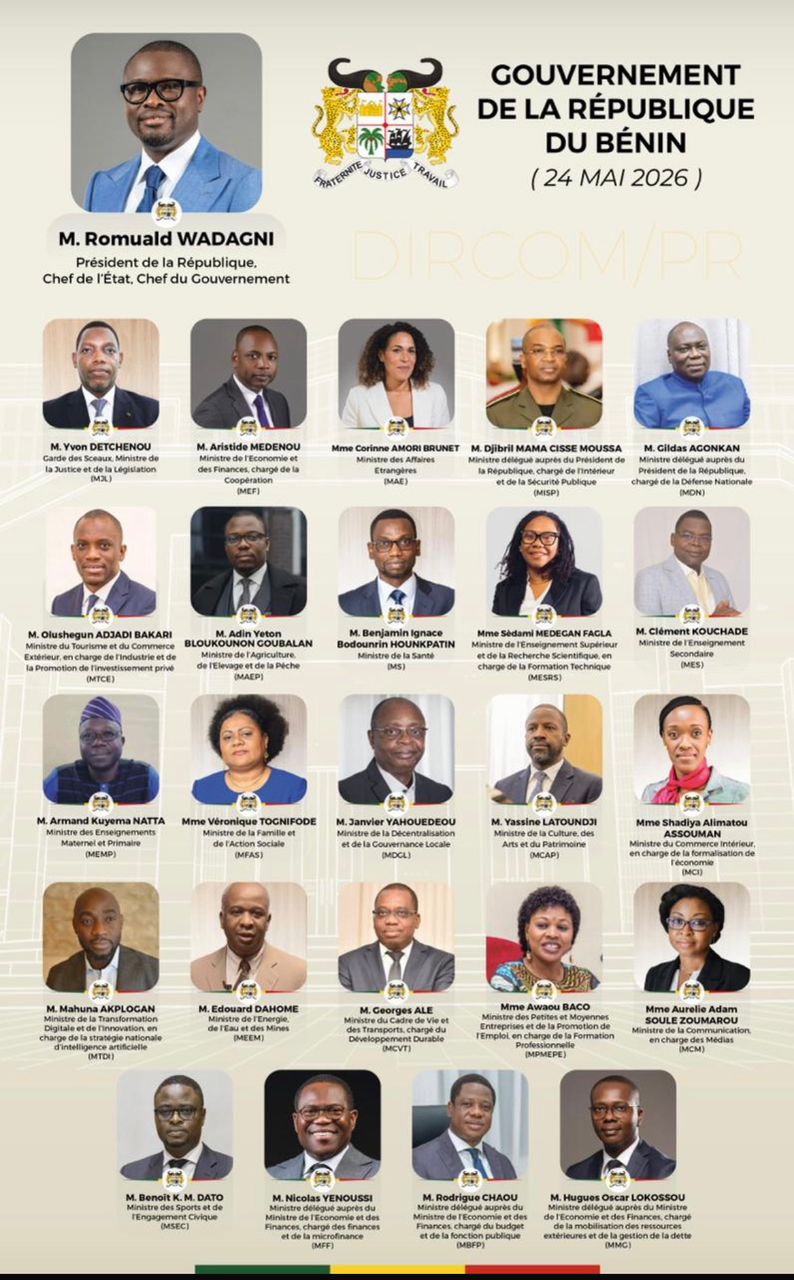 Portraits officiels de membres du gouvernement de la République du Bénin avec noms et fonctions indiqués au-dessus du logo national