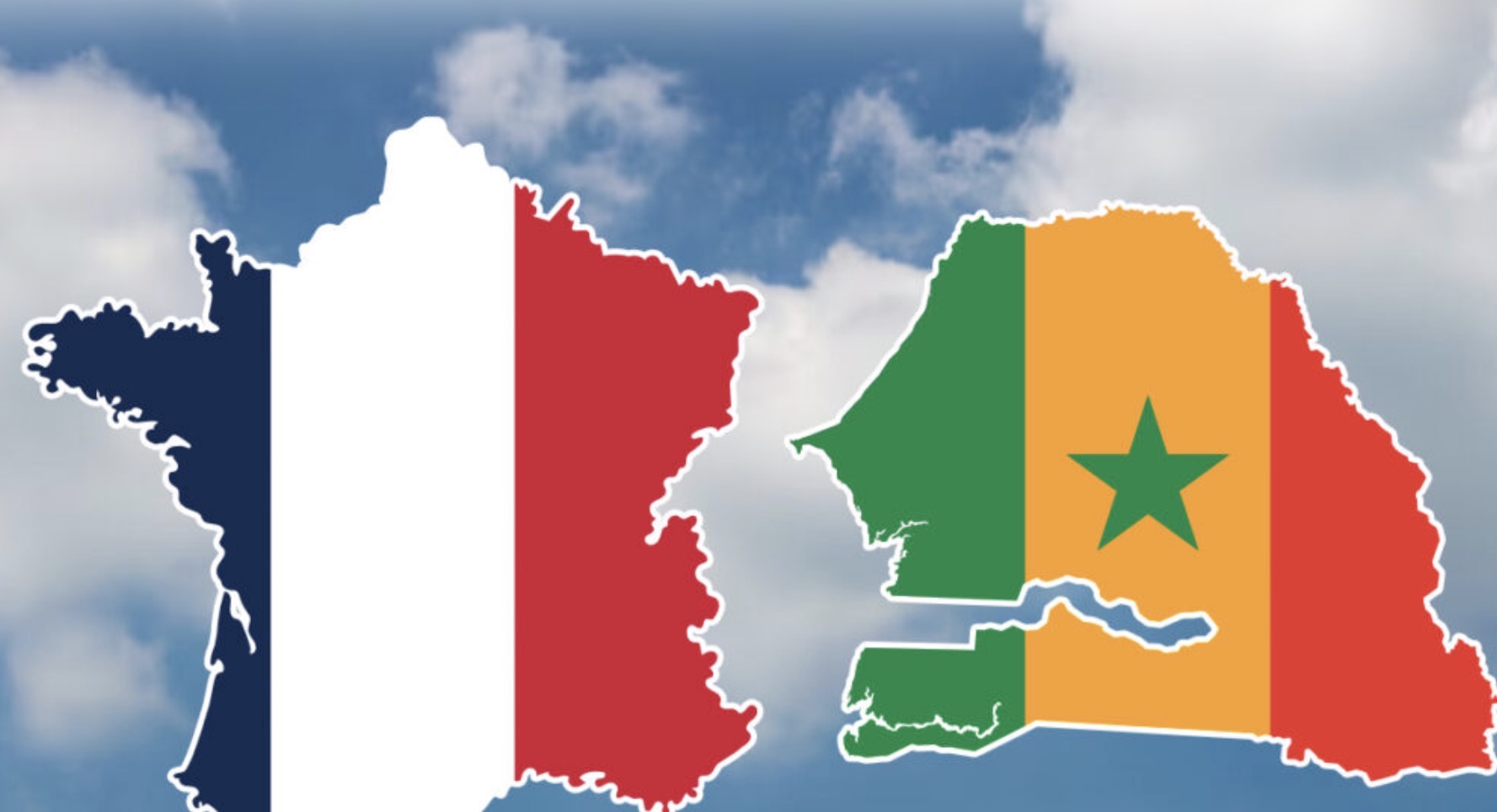 Deux cartes découpées représentant des pays avec leurs drapeaux nationaux sur un fond de ciel nuageux