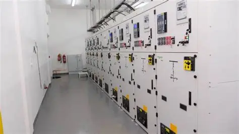 Grand tableau électrique industriel aligné dans une salle blanche et propre avec des extincteurs au fond
