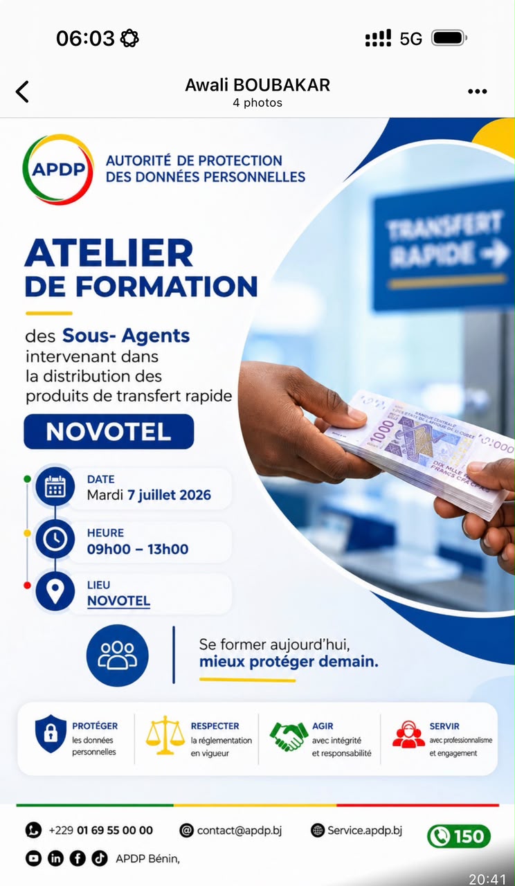 Affiche annonçant un atelier de formation des sous-agents pour le transfert rapide d’argent organisé par l’APDP au Novotel le 7 juillet 2026
